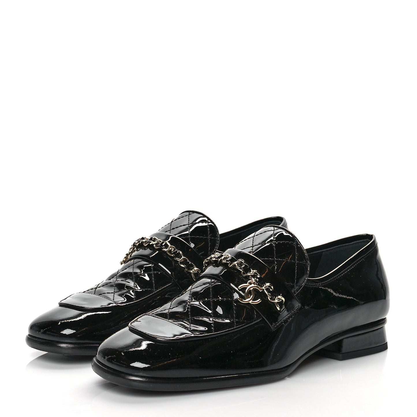 Patent Calfskin CC Chain Mocassin Loafers 37.5 Black