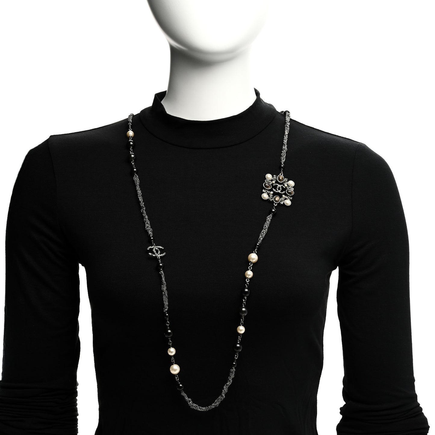 Pearl Bead Enamel CC Baroque Long Necklace Black Gold
