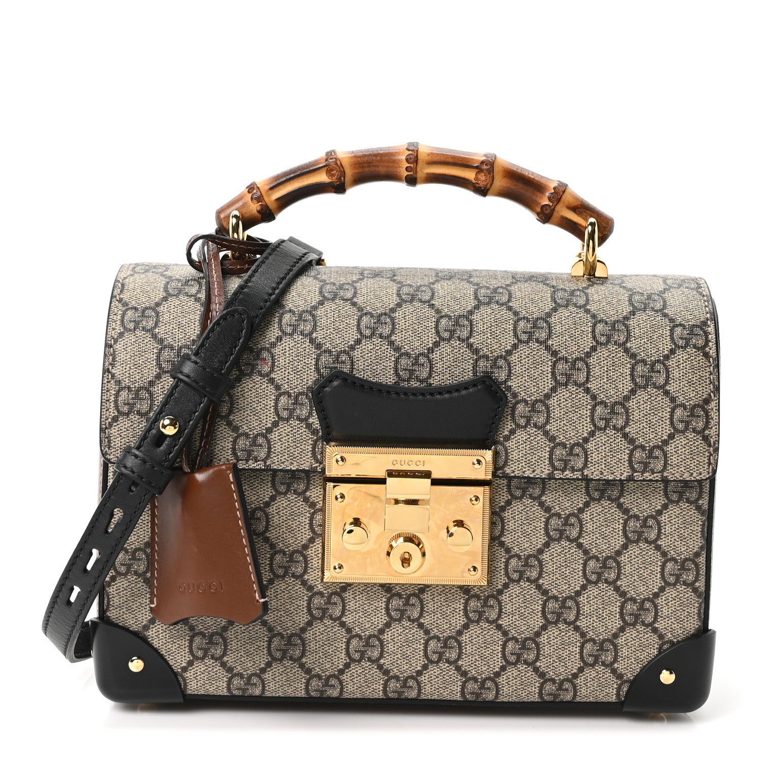 Gucci GG Supreme Monogram Small Padlock Bamboo Shoulder Bag Beige Black Cuir 1 of 10