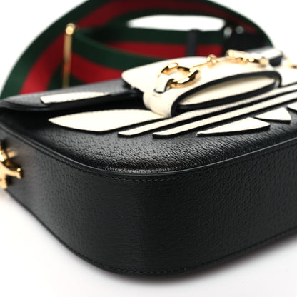 Gucci X ADIDAS Textured Dollar Calfskin Web Trefoil Mini Horsebit 1955 Shoulder Bag Black Off White 9 of 10