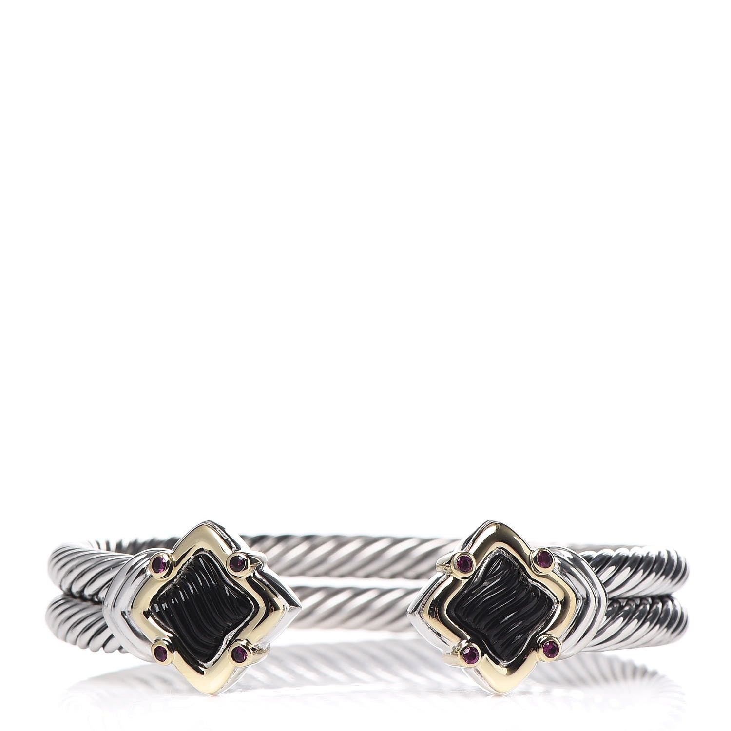 David Yurman Sterling Silver 18K Yellow Gold Black Onyx Ruby 10mm Quatrefoil Cable Bracelet 1 of 5