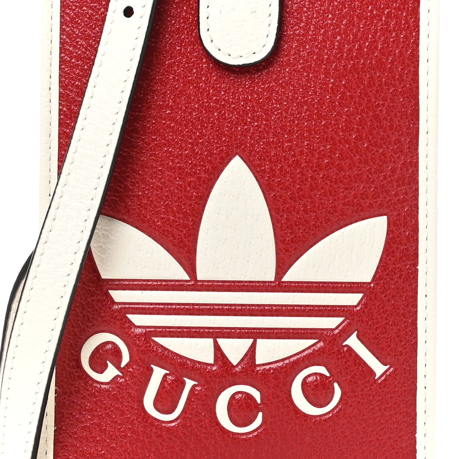 Gucci X ADIDAS Textured Dollar Calfskin Trefoil Embossed Phone Crossbody Bag Hibiscus Red Off White 8 of 10