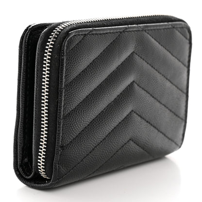 Saint Laurent Grain De Poudre Matelasse Chevron Monogram Compact Zip Around Wallet Black 3 of 11
