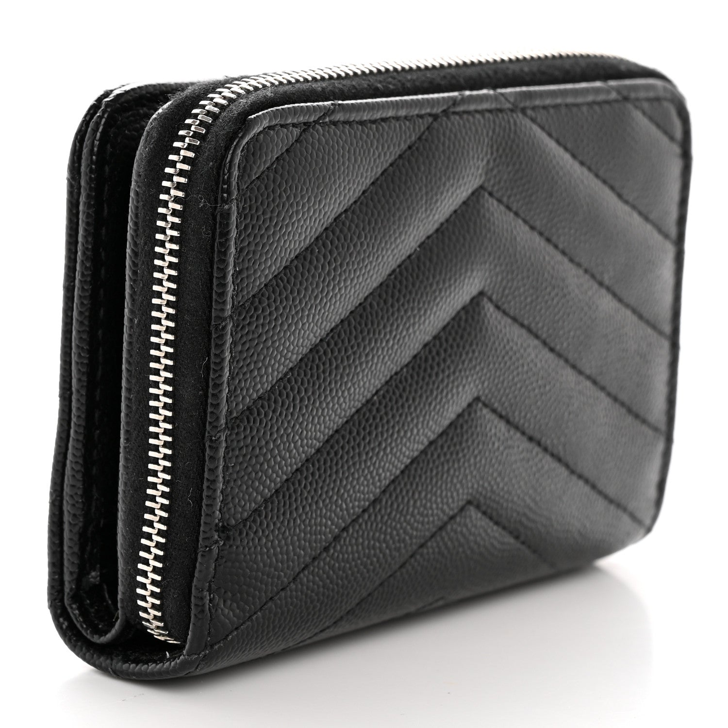 Saint Laurent Grain De Poudre Matelasse Chevron Monogram Compact Zip Around Wallet Black 3 of 11
