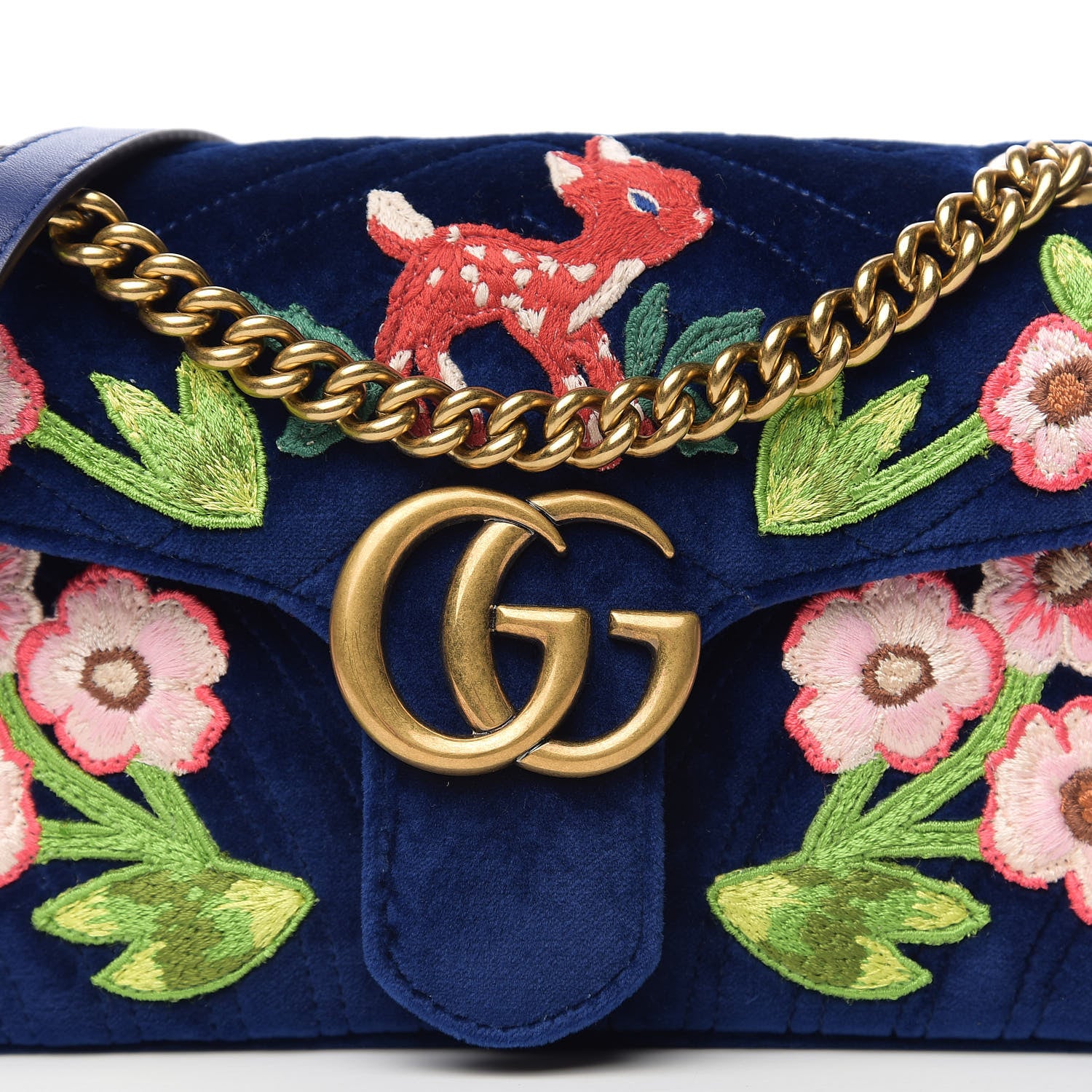 Gucci Velvet Matelasse Deer Embroidered Small GG Marmont Shoulder Bag Cobalt 9 of 9