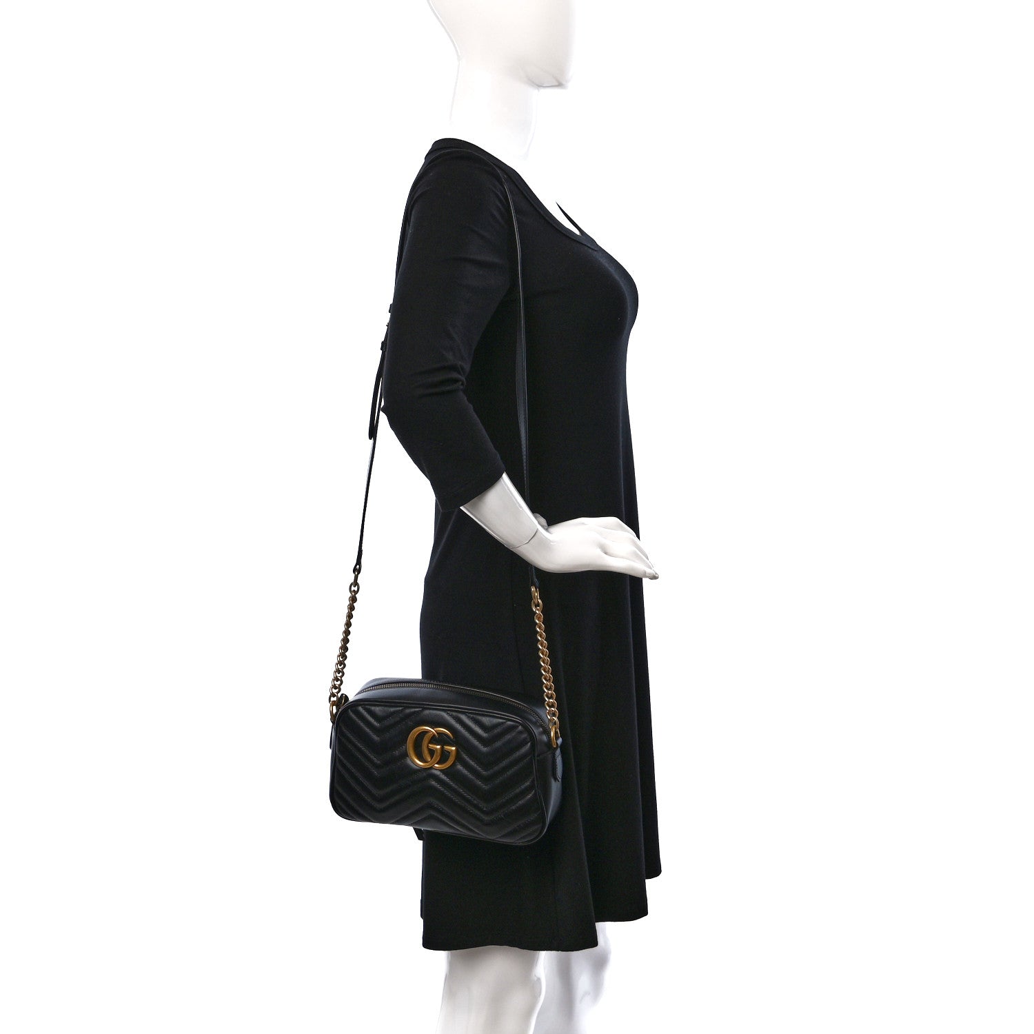 Gucci Calfskin Matelasse Small GG Marmont Chain Shoulder Bag Black 2 of 9