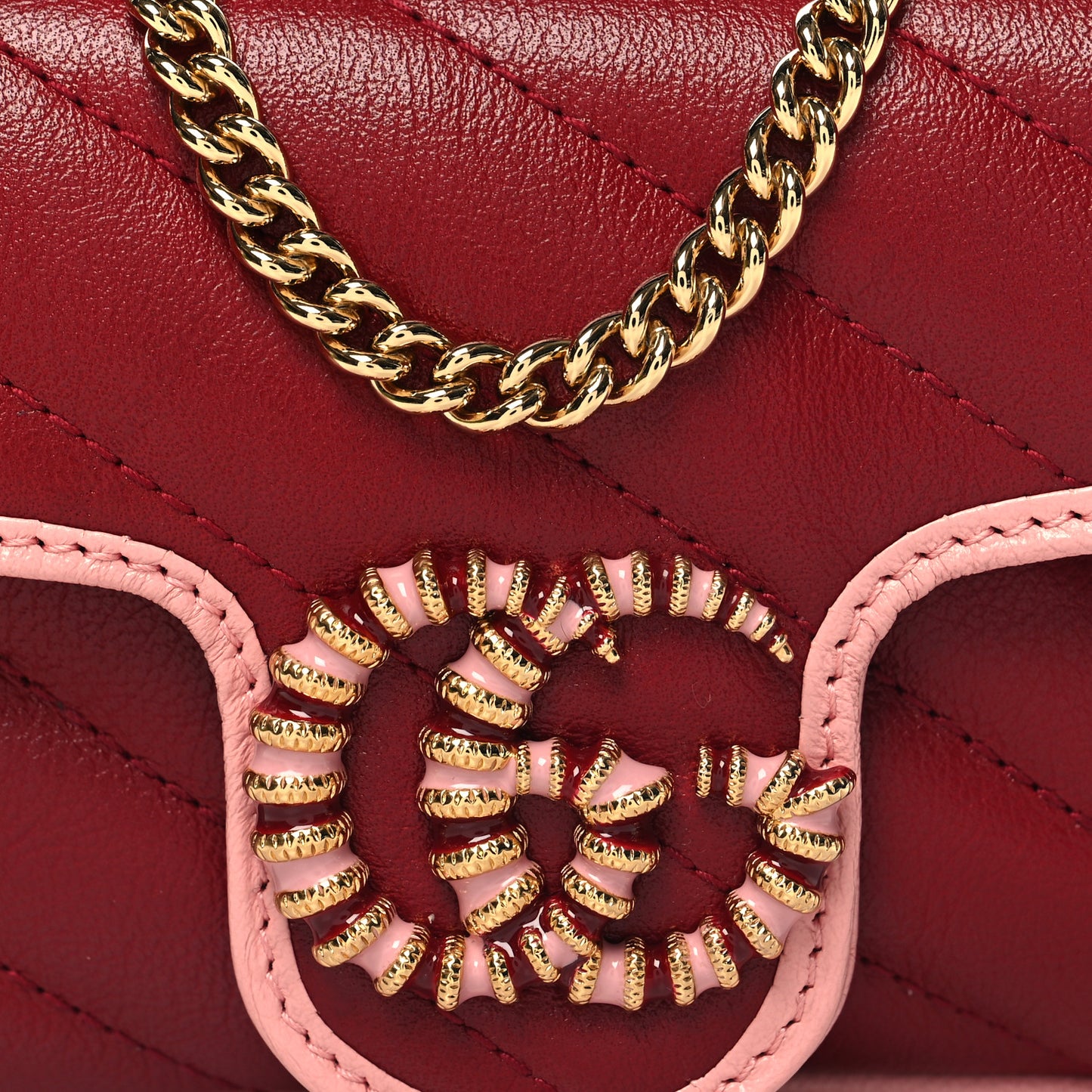 Azalea Calfskin Enamel Matelasse Diagonal Super Mini Torchon GG Marmont Shoulder Bag New Cherry Red Wild Rose