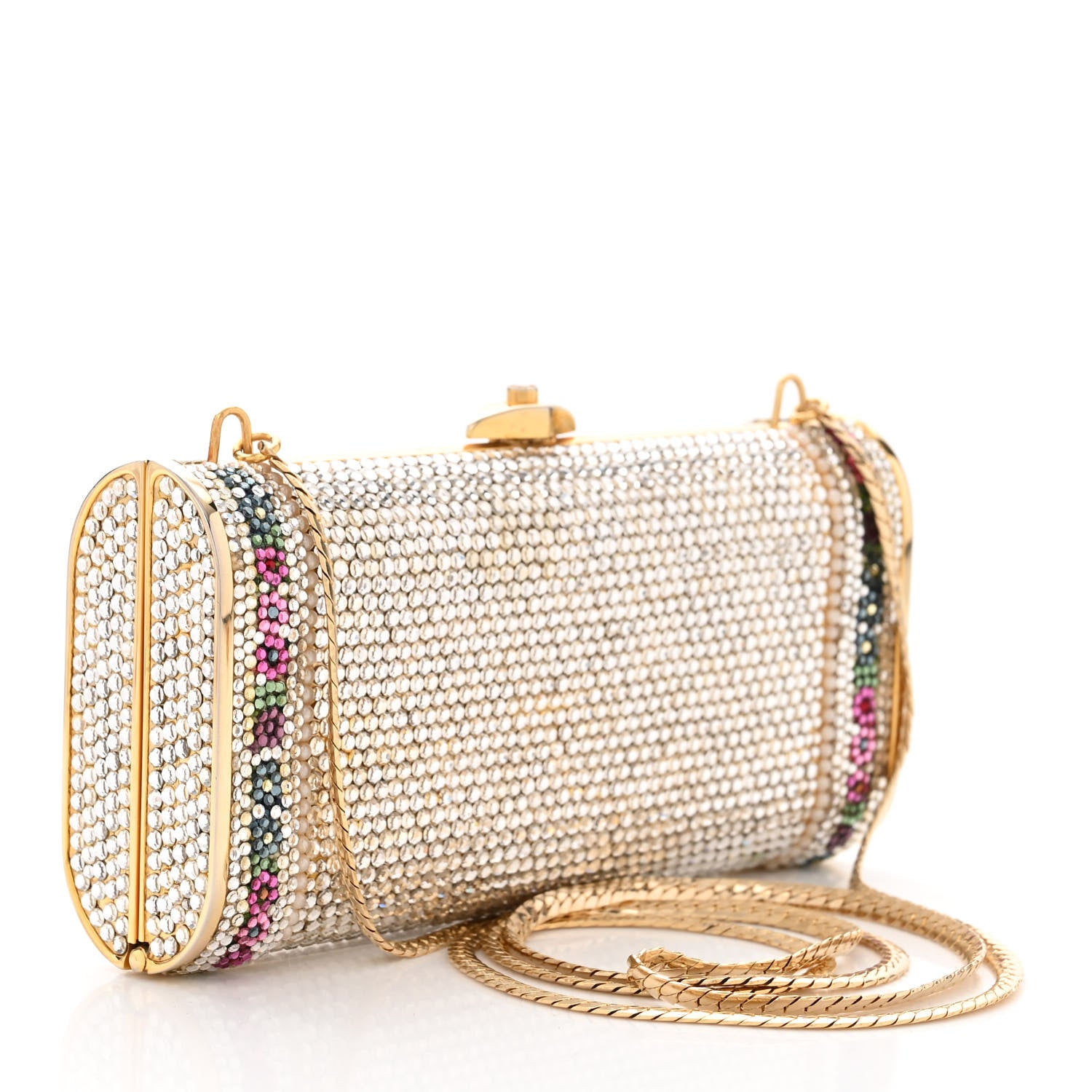 Judith Leiber Swarovski Crystal Pearl Floral Minaudiere Clutch Gold Multicolor 4 of 13