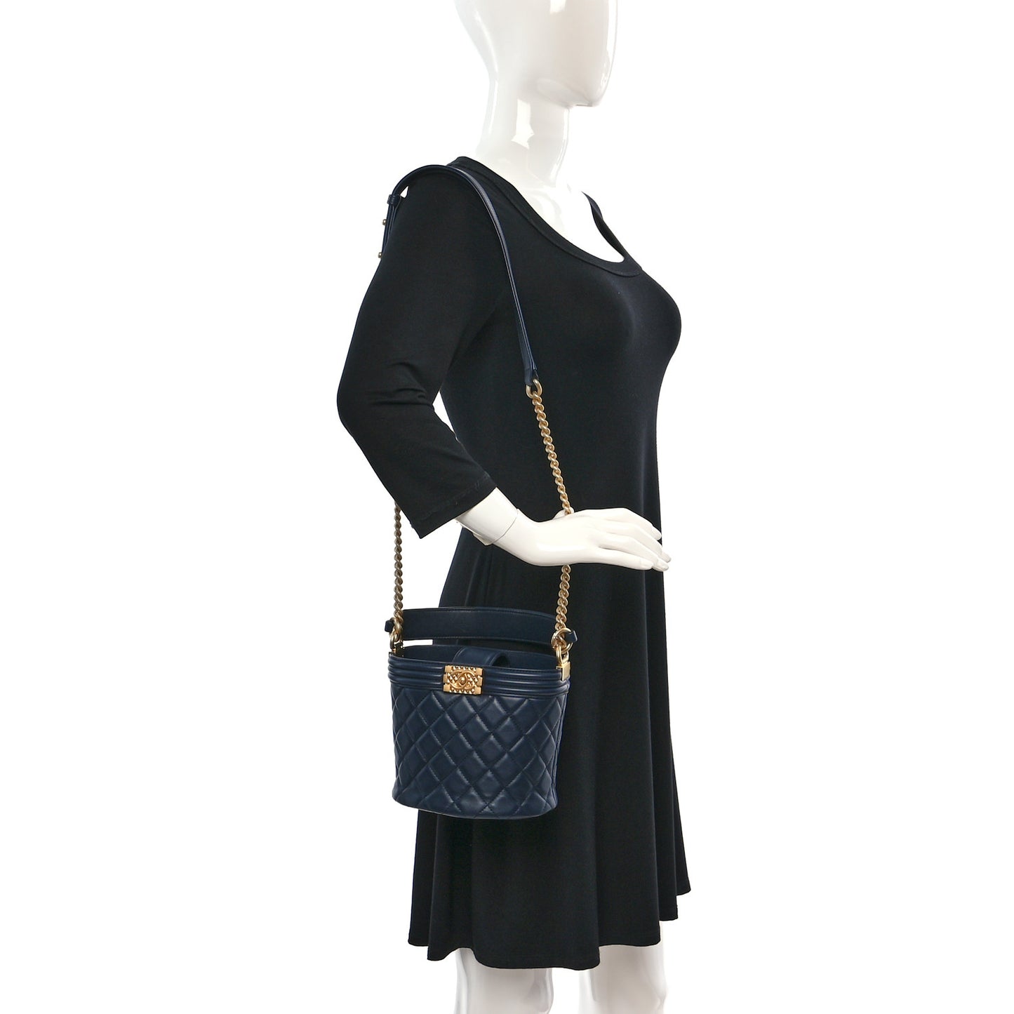 Calfskin Quilted Boy Bucket Bag Navy Blue
