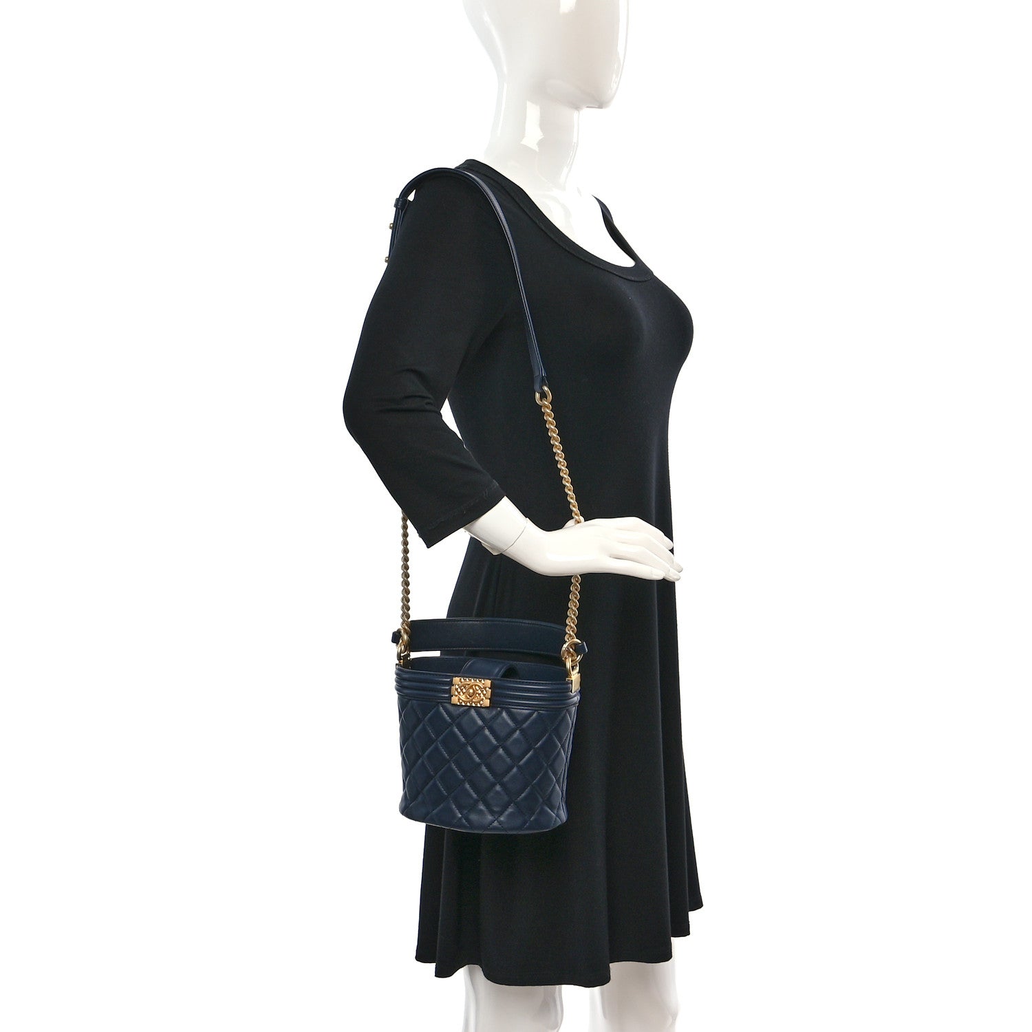 Chanel Calfskin Quilted Boy Bucket Bag Navy Blue 2 of 10