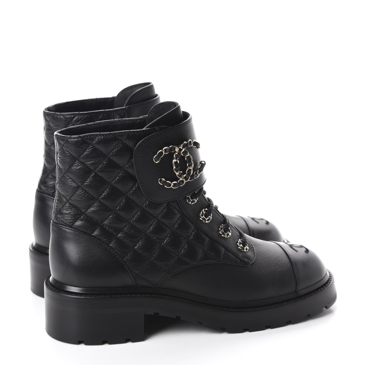 Chanel Shiny Goatskin Calfskin Quilted Lace Up Combat Boots 40.5 Black 4 of 11