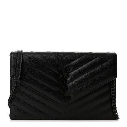 Saint Laurent Grain De Poudre Matelasse Chevron Monogram Monochrome Envelope Chain Wallet Black 1 of 10