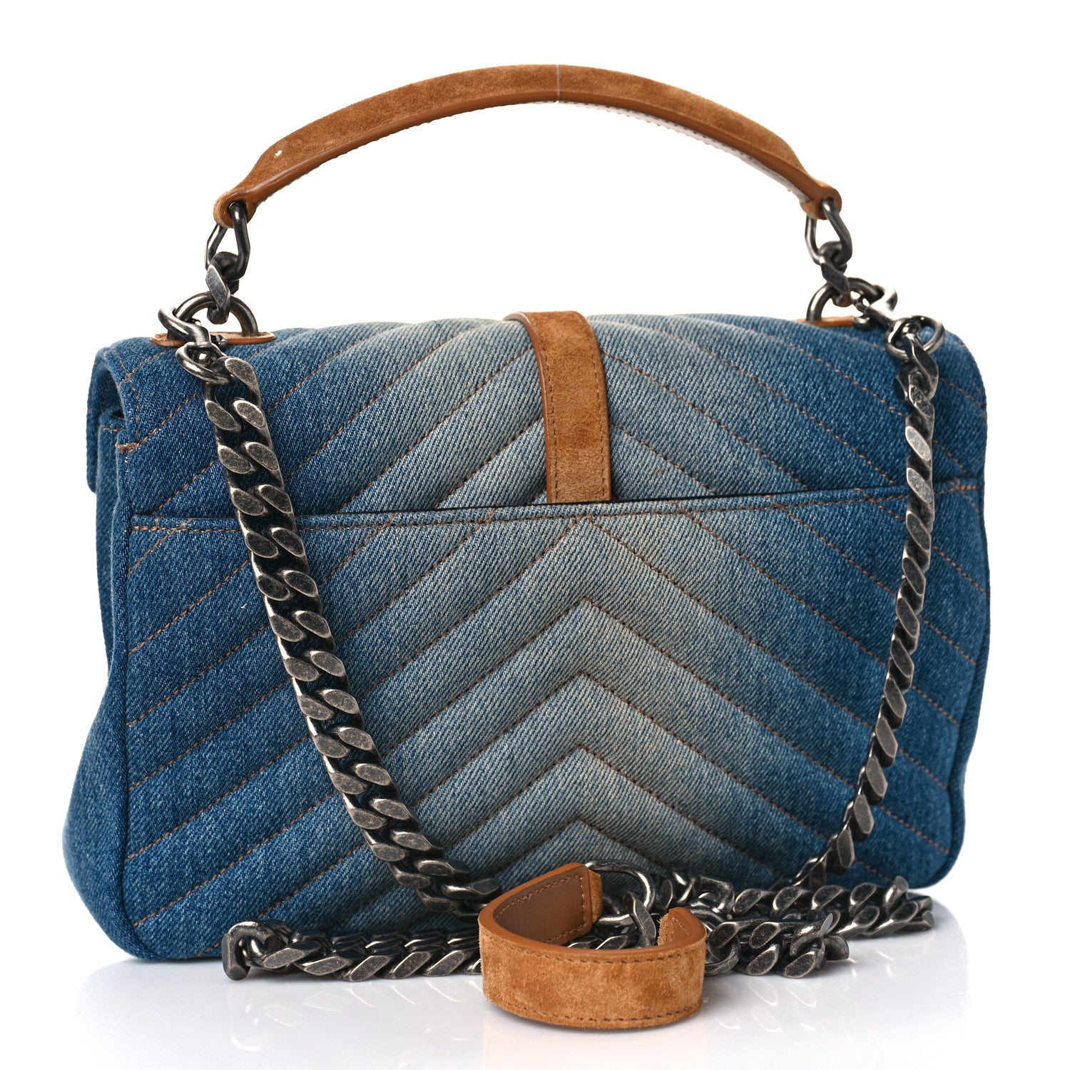 Saint Laurent Washed Denim Matelasse Chevron Monogram Medium College Bag Blue Cinnamon 3 of 10