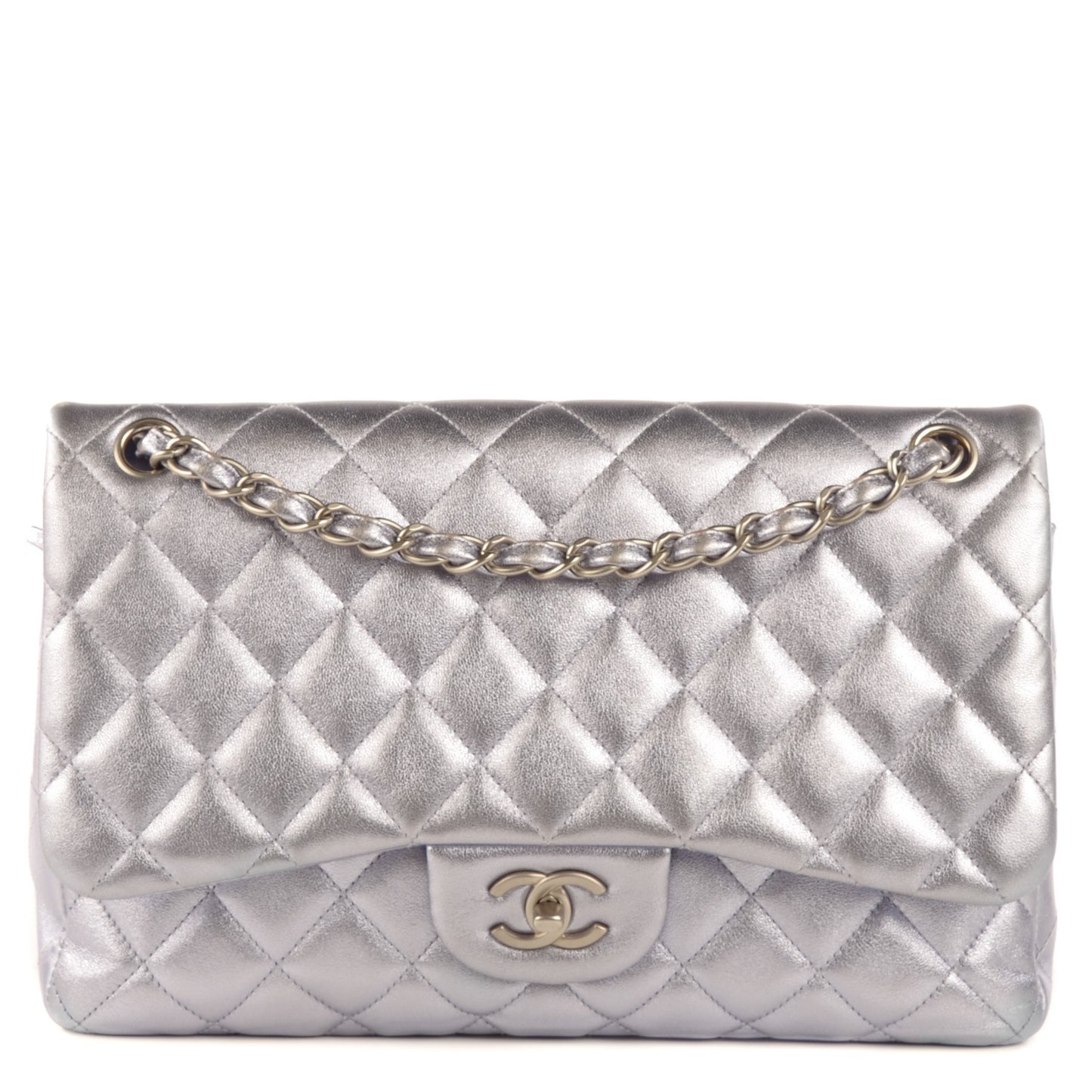 Metallic Lambskin Quilted Jumbo Double Flap Light Purple
