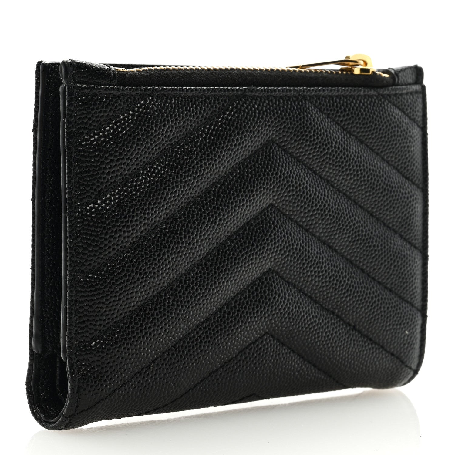 Saint Laurent Grain De Poudre Matelasse Chevron Monogram Zipped Card Case Black 3 of 6