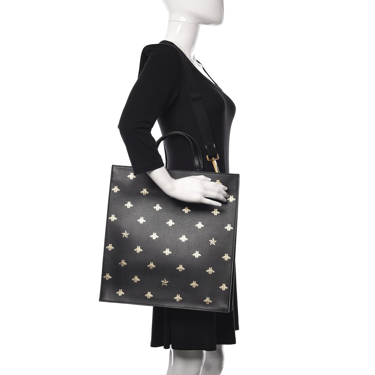 Grained Calfskin Bee Star Vertical Tote Black