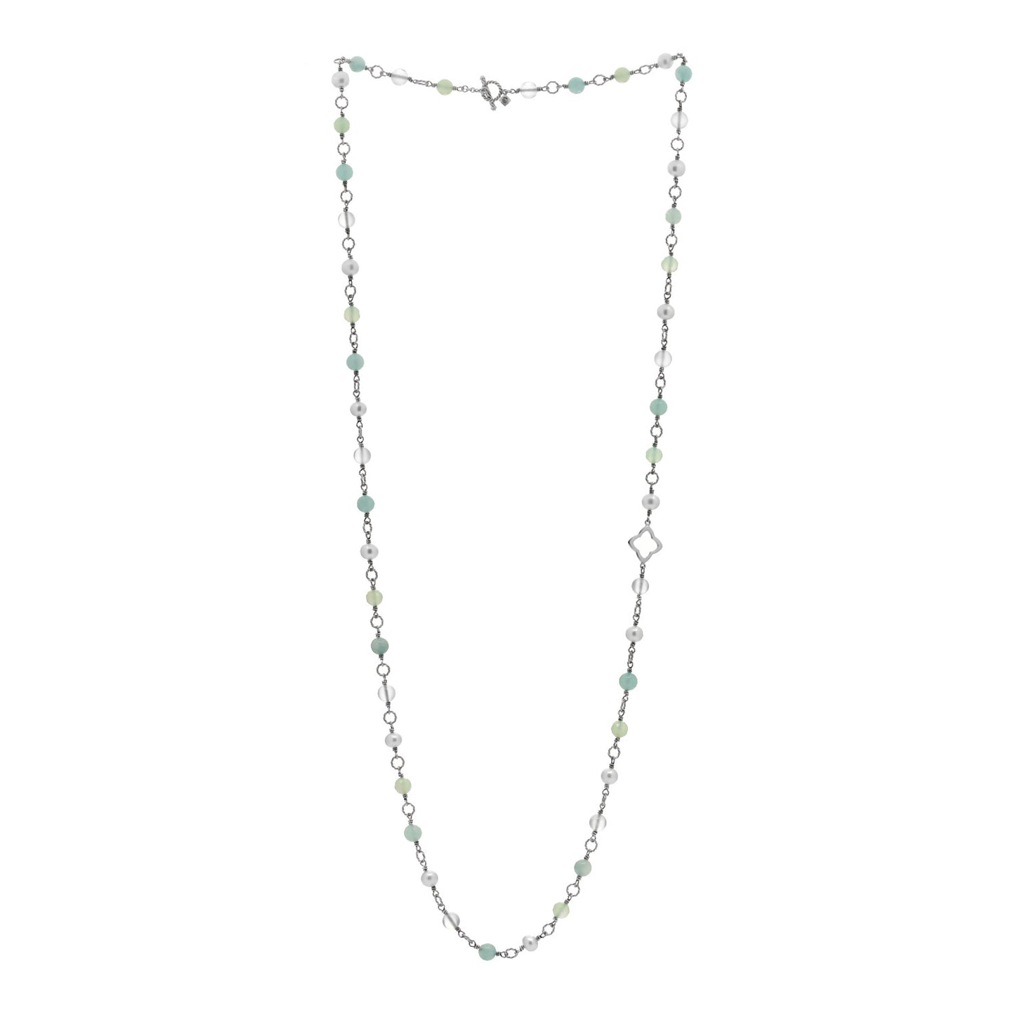 Sterling Silver Pearl Aquamarine Chalcedony 14mm Quatrefoil Necklace