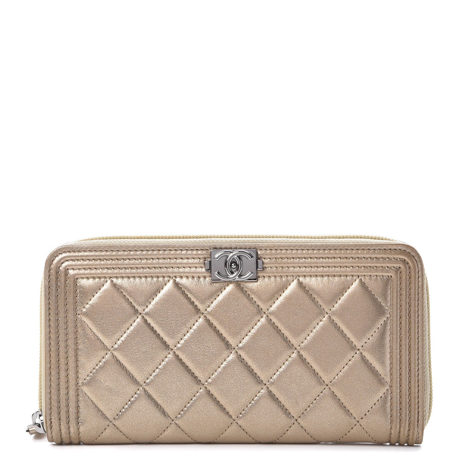 Chanel Metallic Lambskin Quilted Boy Zip Around Wallet Gold 1 of 8
