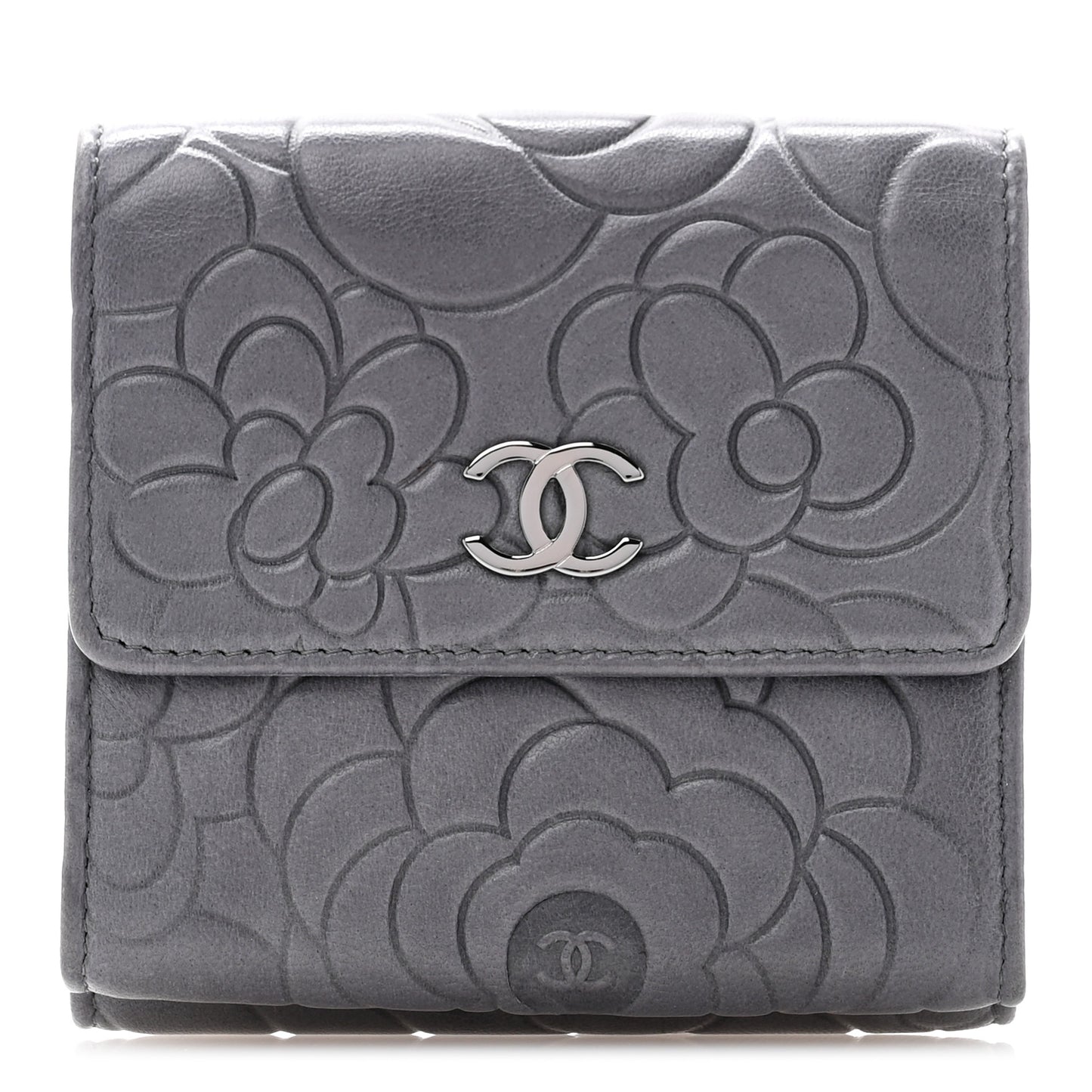 Lambskin Camellia Embossed Small Double Wallet Grey