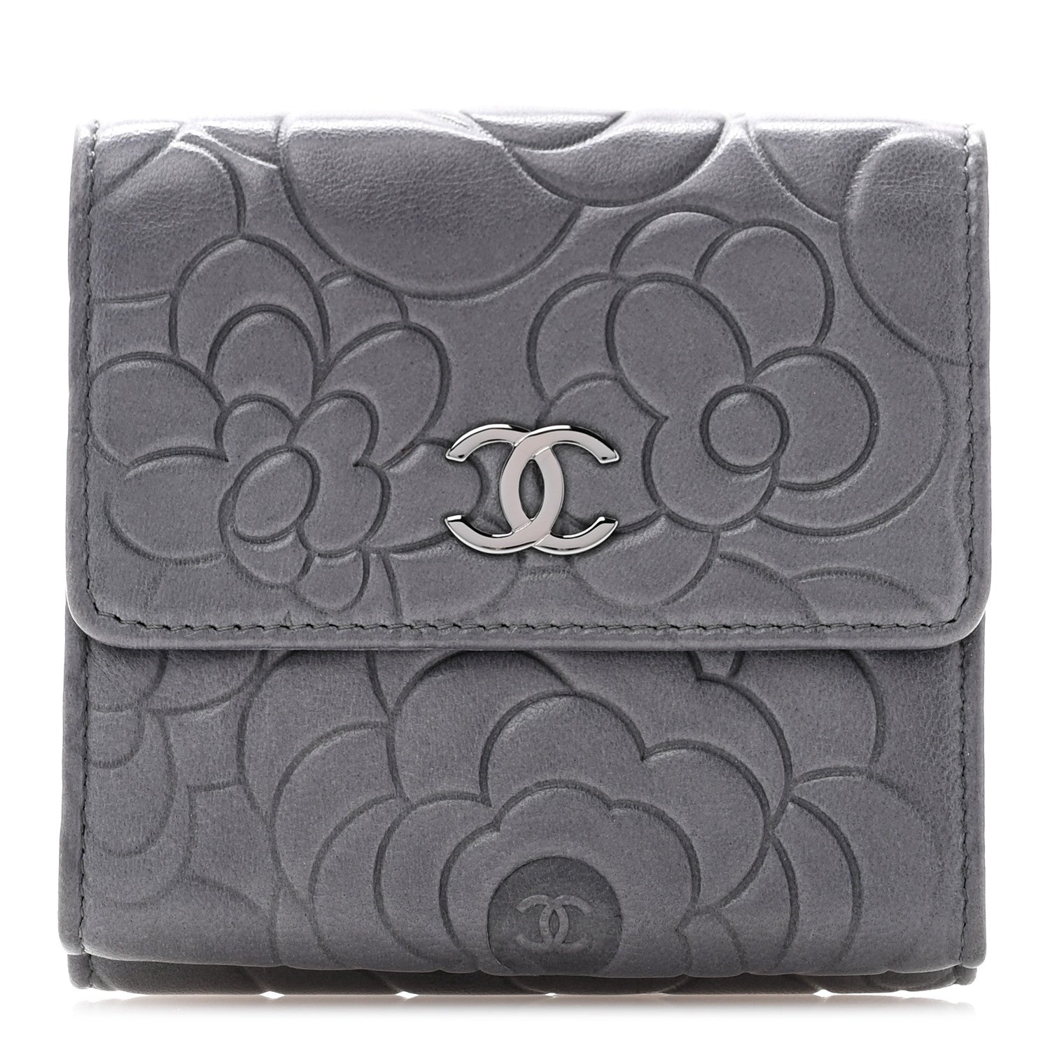 Chanel Lambskin Camellia Embossed Small Double Wallet Grey 1 of 14