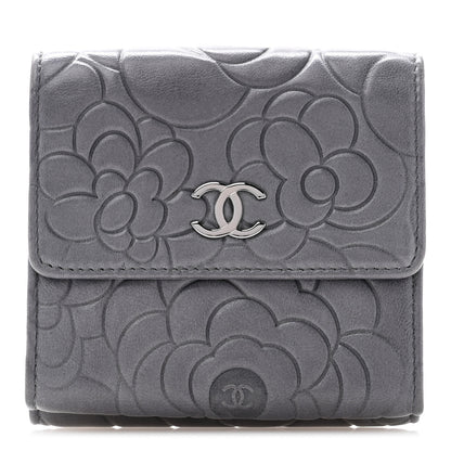 Chanel Lambskin Camellia Embossed Small Double Wallet Grey 1 of 14