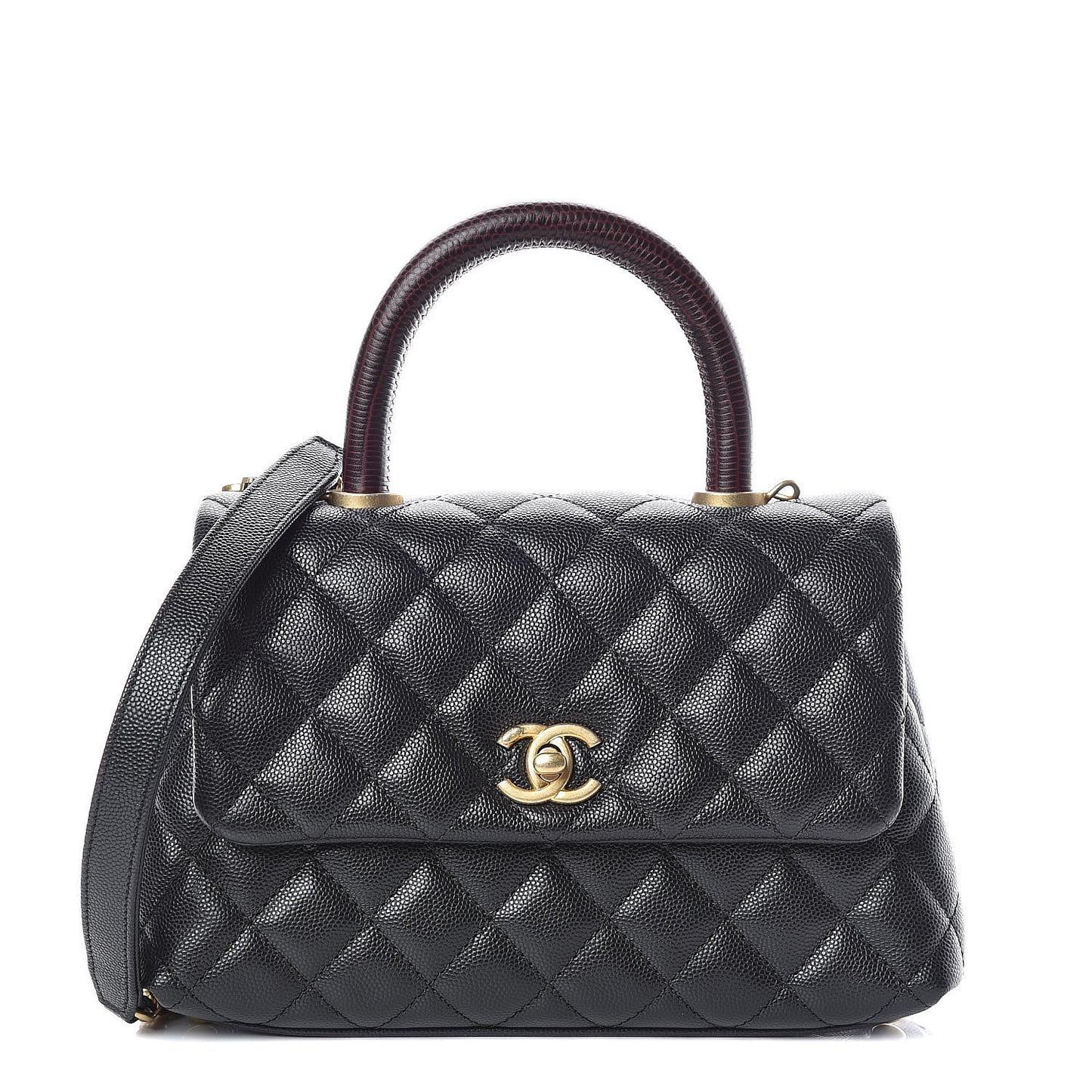 Caviar Lizard Embossed Quilted Mini Coco Handle Flap Black