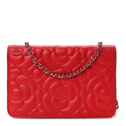 Chanel Caviar Camellia Embossed Wallet On Chain WOC Red 1 of 14