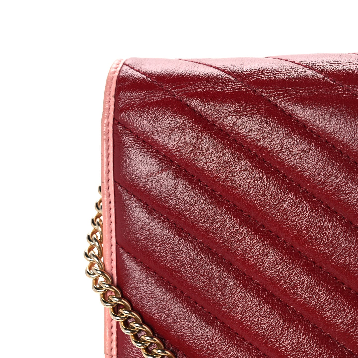 Azalea Calfskin Enamel Matelasse Diagonal Torchon GG Marmont Chain Wallet New Cherry Red Wild Rose