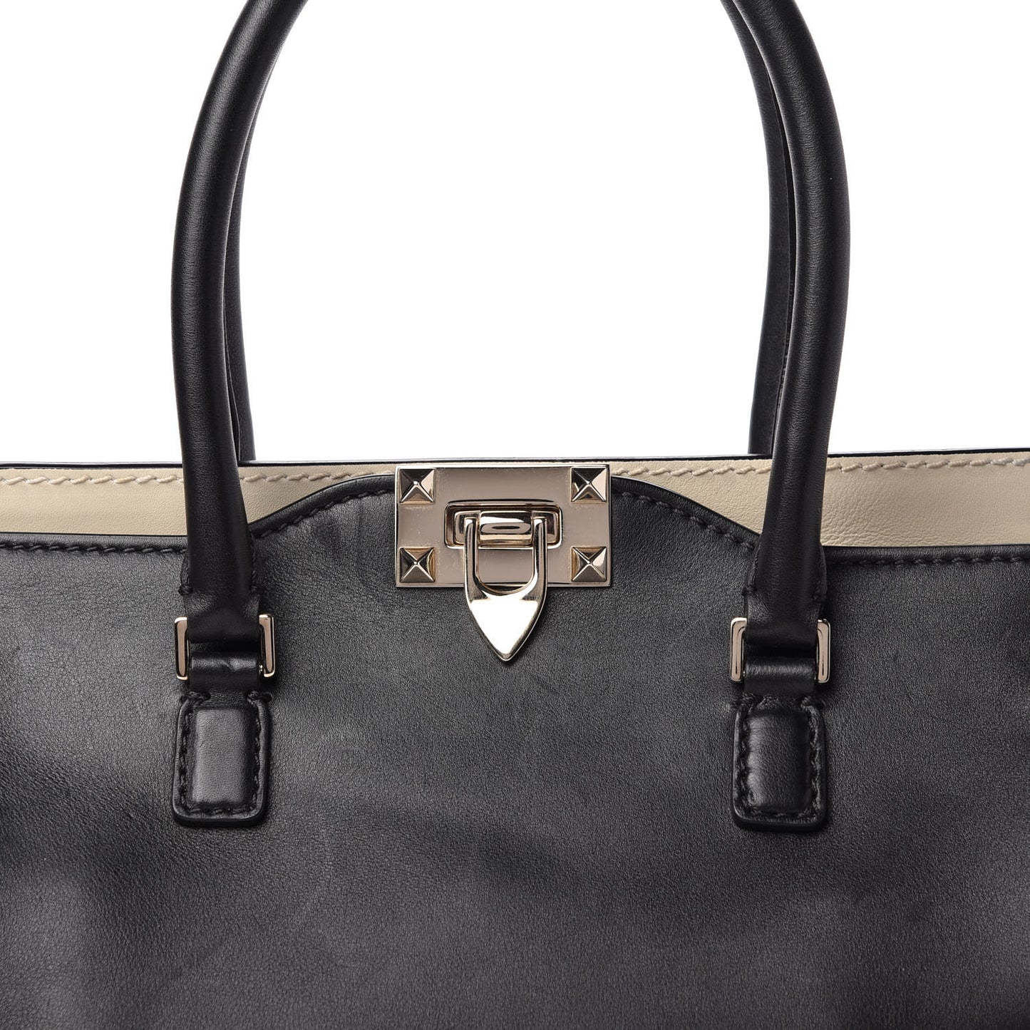 Vitello Bi-Color Rockstud Double Handle Tote Ivory Black