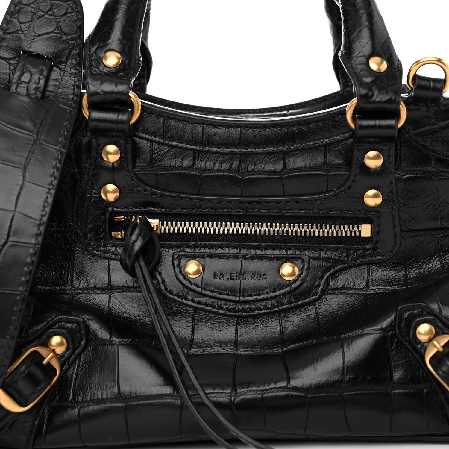 Balenciaga Shiny Supple Calfskin Crocodile Embossed Neo Classic Gold Hardware Mini City Black 7 of 10