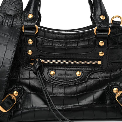 Balenciaga Shiny Supple Calfskin Crocodile Embossed Neo Classic Gold Hardware Mini City Black 7 of 10