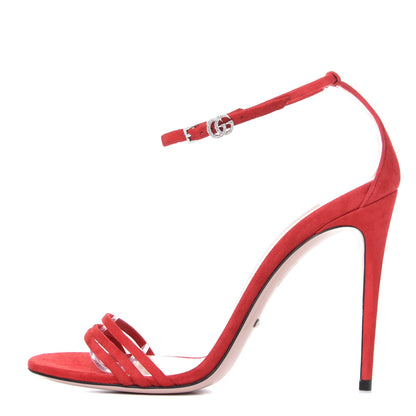 Gucci Kid Scamosciato GG Ankle Strap High Heel Sandals 39 Hibiscus Red 1 of 10