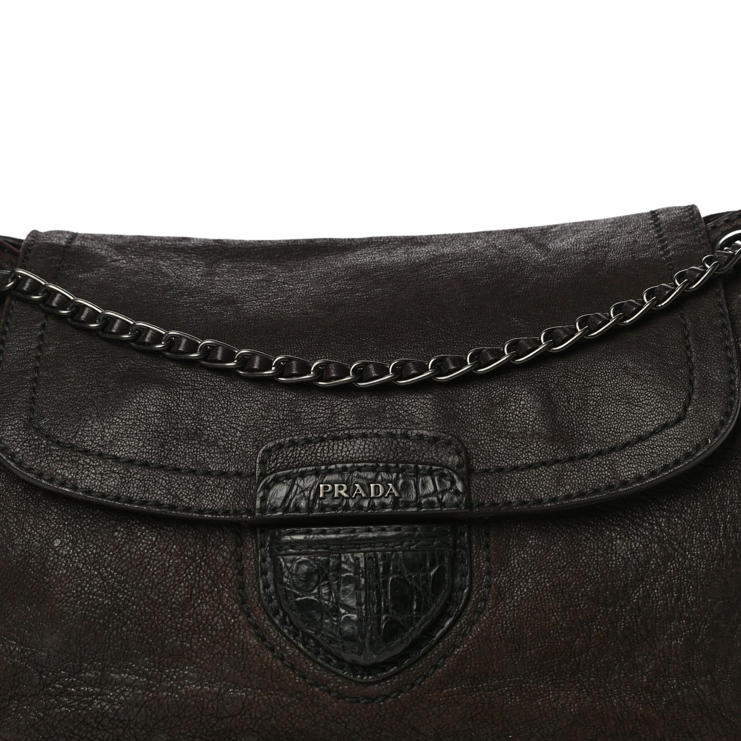 Goatskin Crocodile Embossed Flap Shoulder Bag Dark Brown