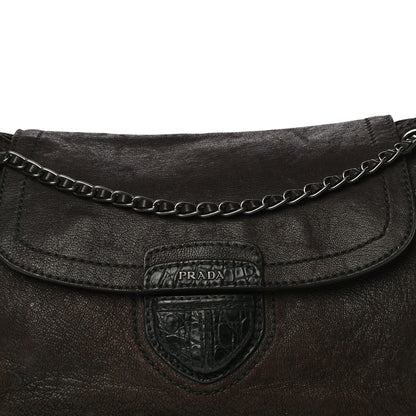 Prada Goatskin Crocodile Embossed Flap Shoulder Bag Dark Brown 7 of 14