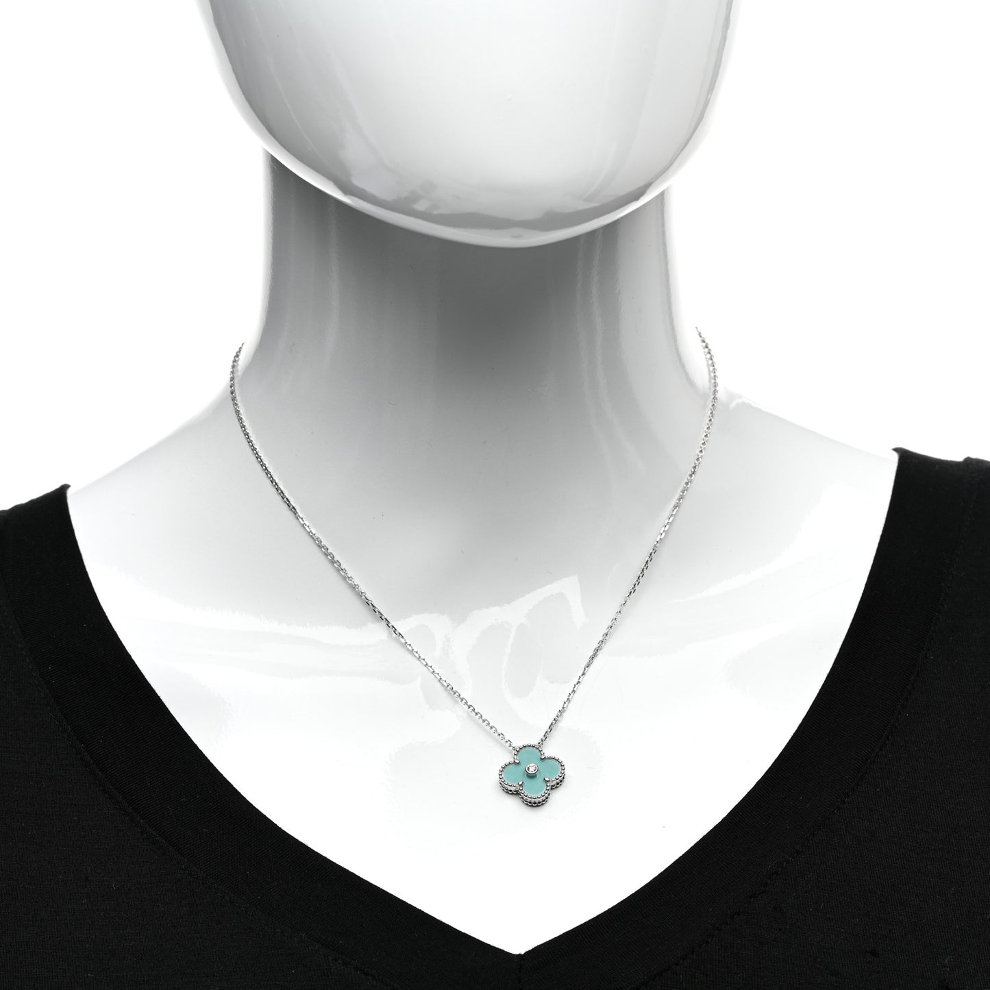 18K White Gold Diamond Celadon Green Sevres Porcelain Vintage Alhambra Pendant Necklace