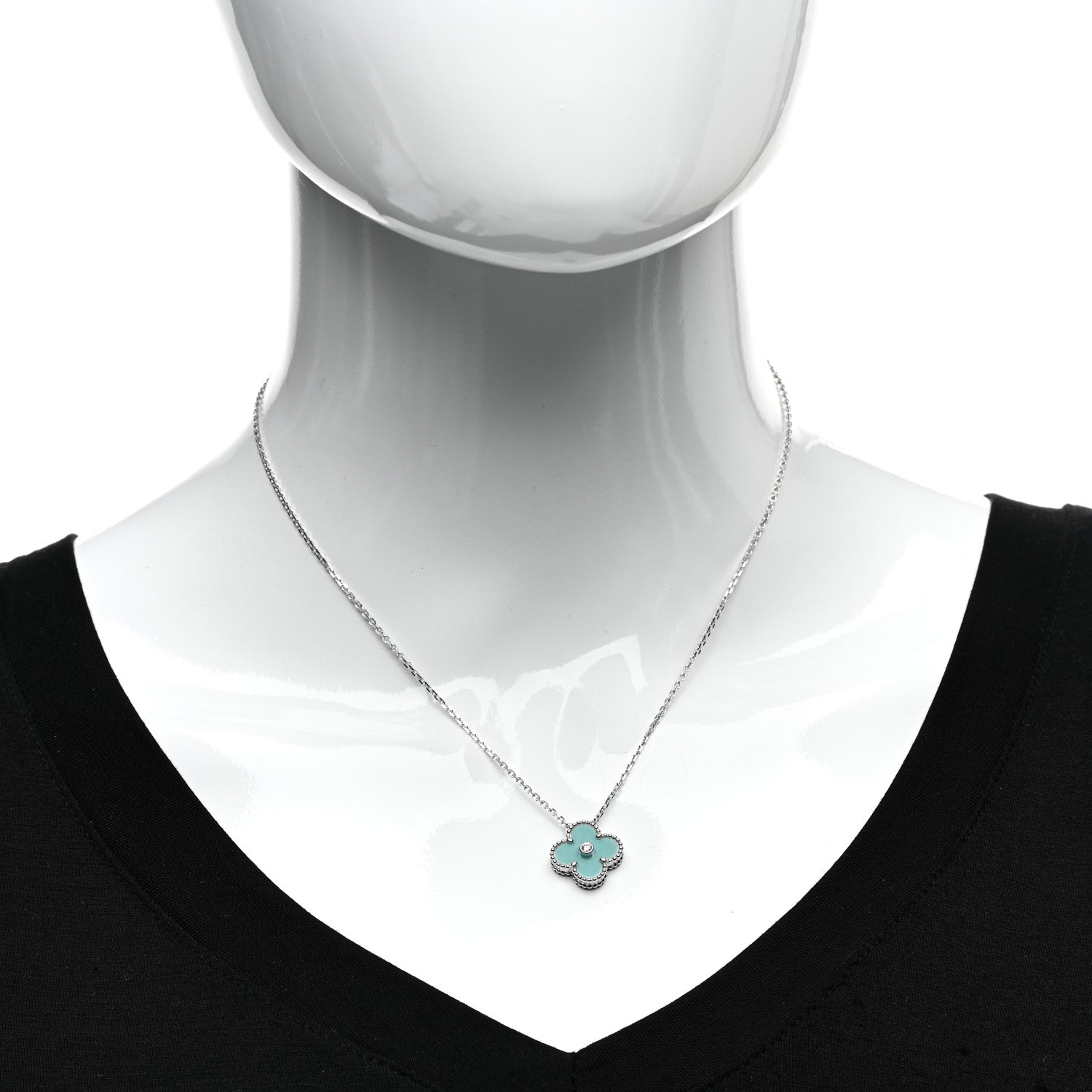 Van Cleef & Arpels 18K White Gold Diamond Celadon Green Sevres Porcelain Vintage Alhambra Pendant Necklace 2 of 5