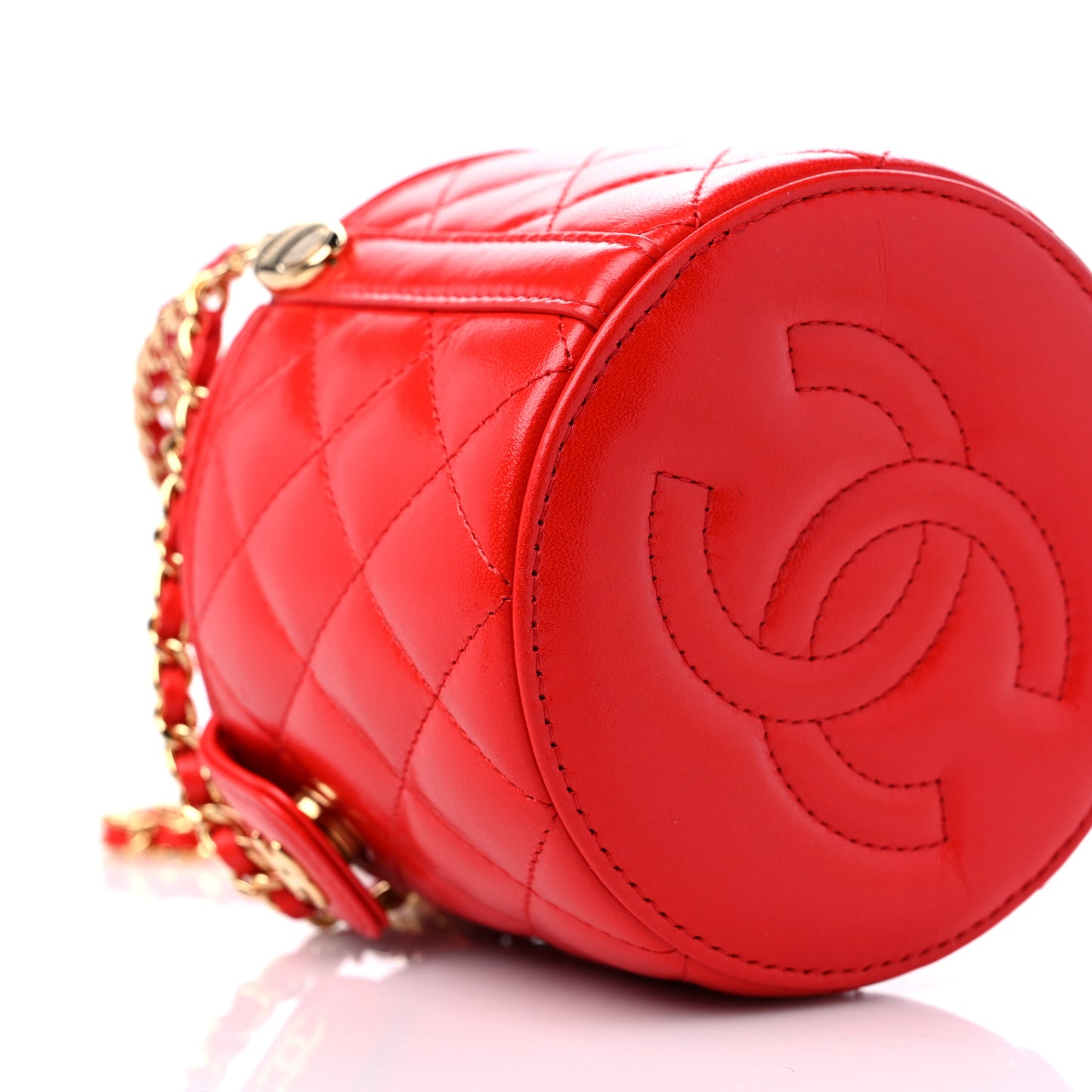 Patent Calfskin Quilted Top Handle Vanity With Chain Red
