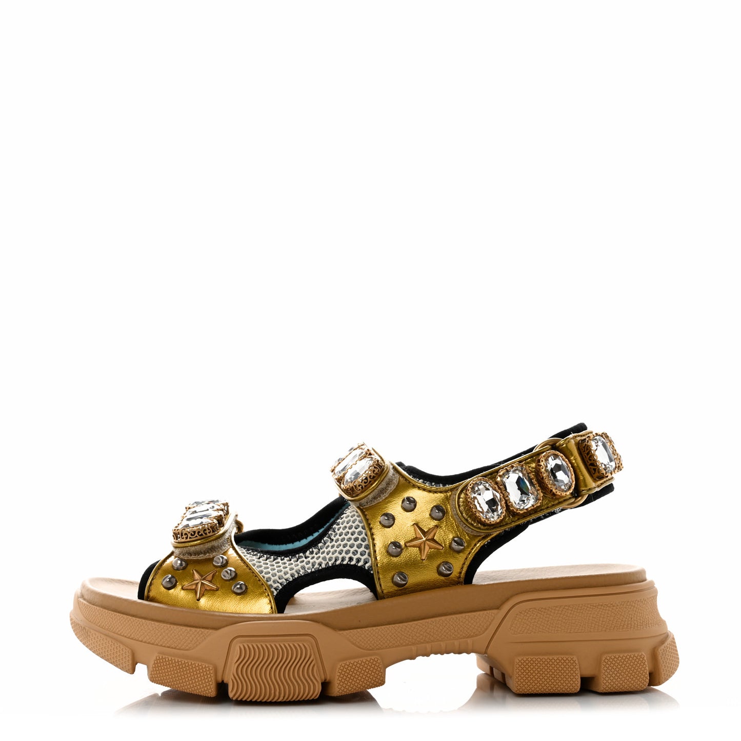 Silk Calfskin Mesh Crystal Embellished Studded Womens Aguru Sandals 38 Gold