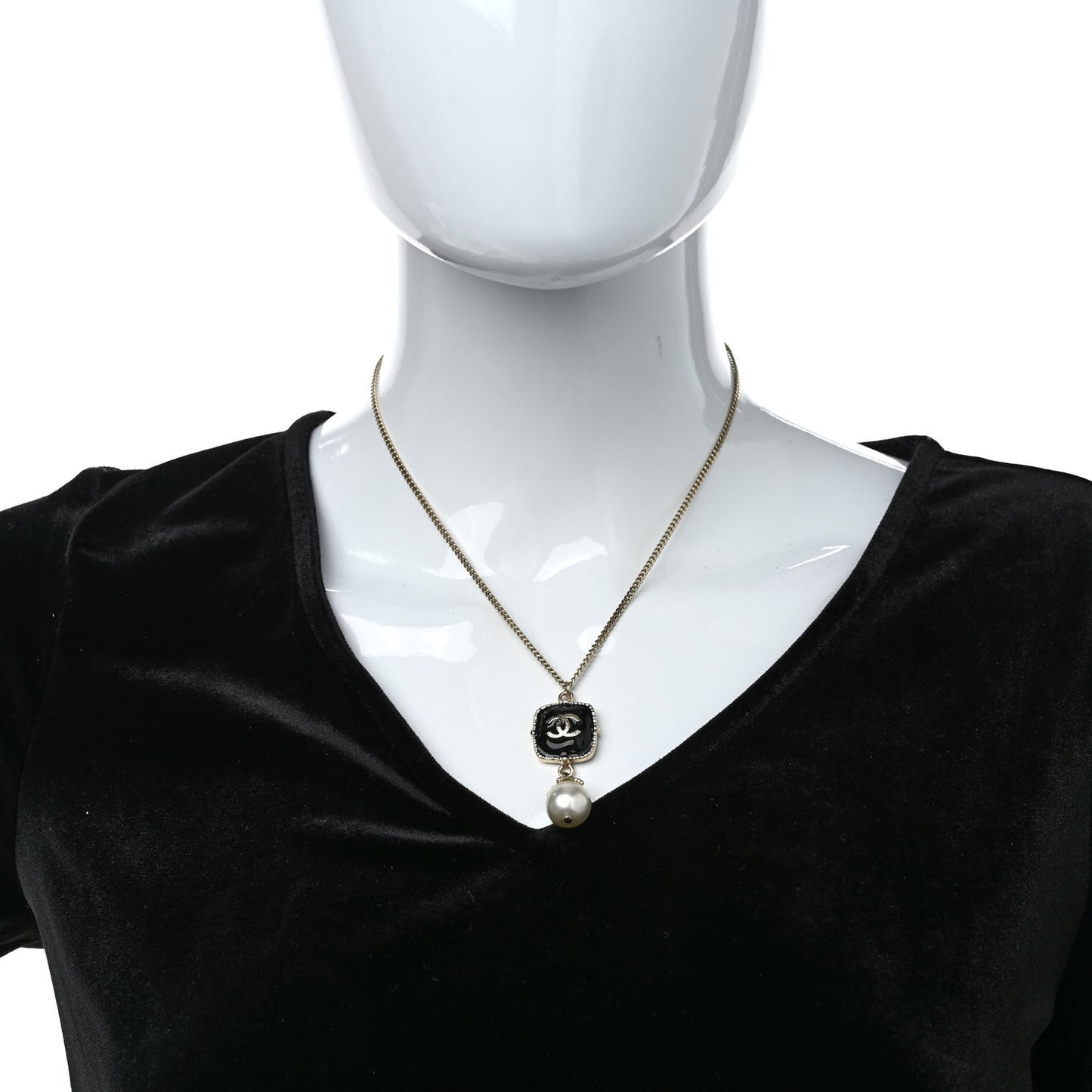 Enamel Pearl CC Drop Necklace Black Gold