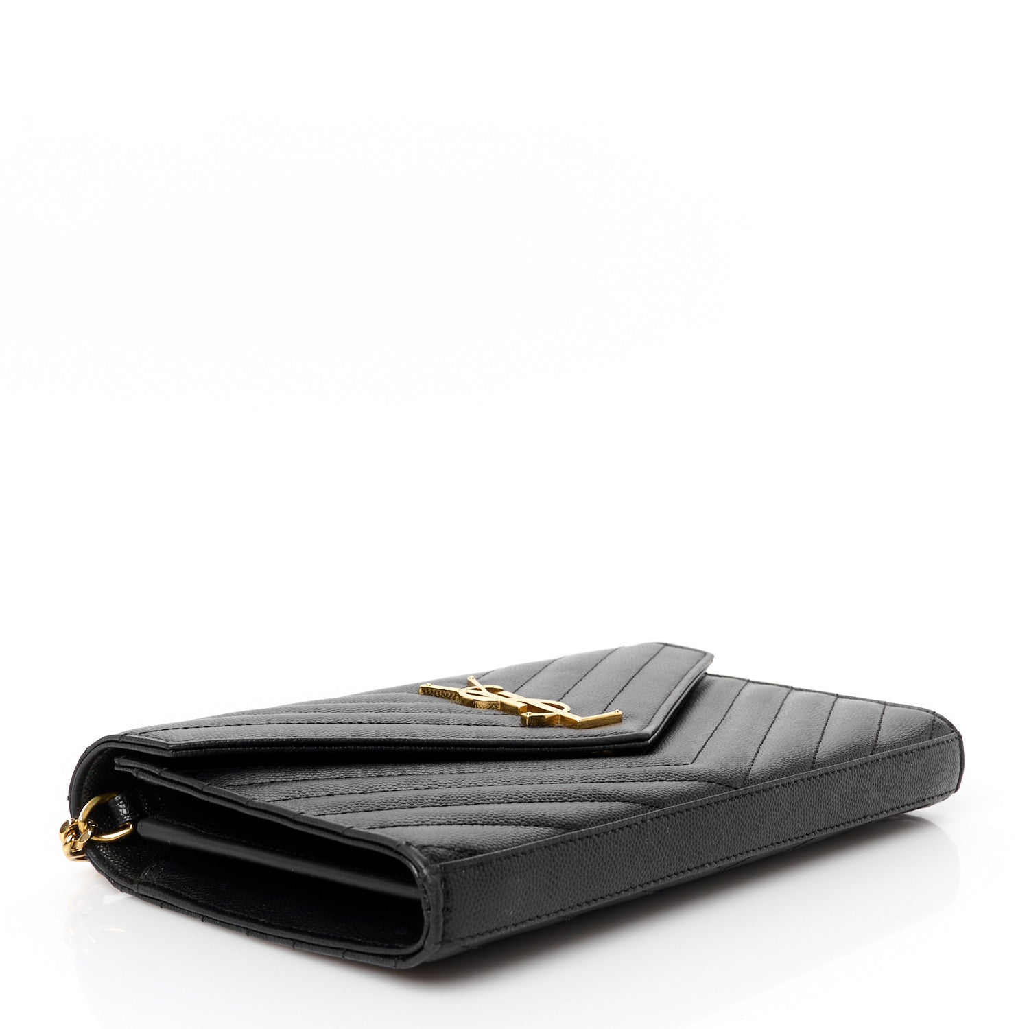Saint Laurent Grain De Poudre Matelasse Chevron Monogram Chain Wallet Black 4 of 9