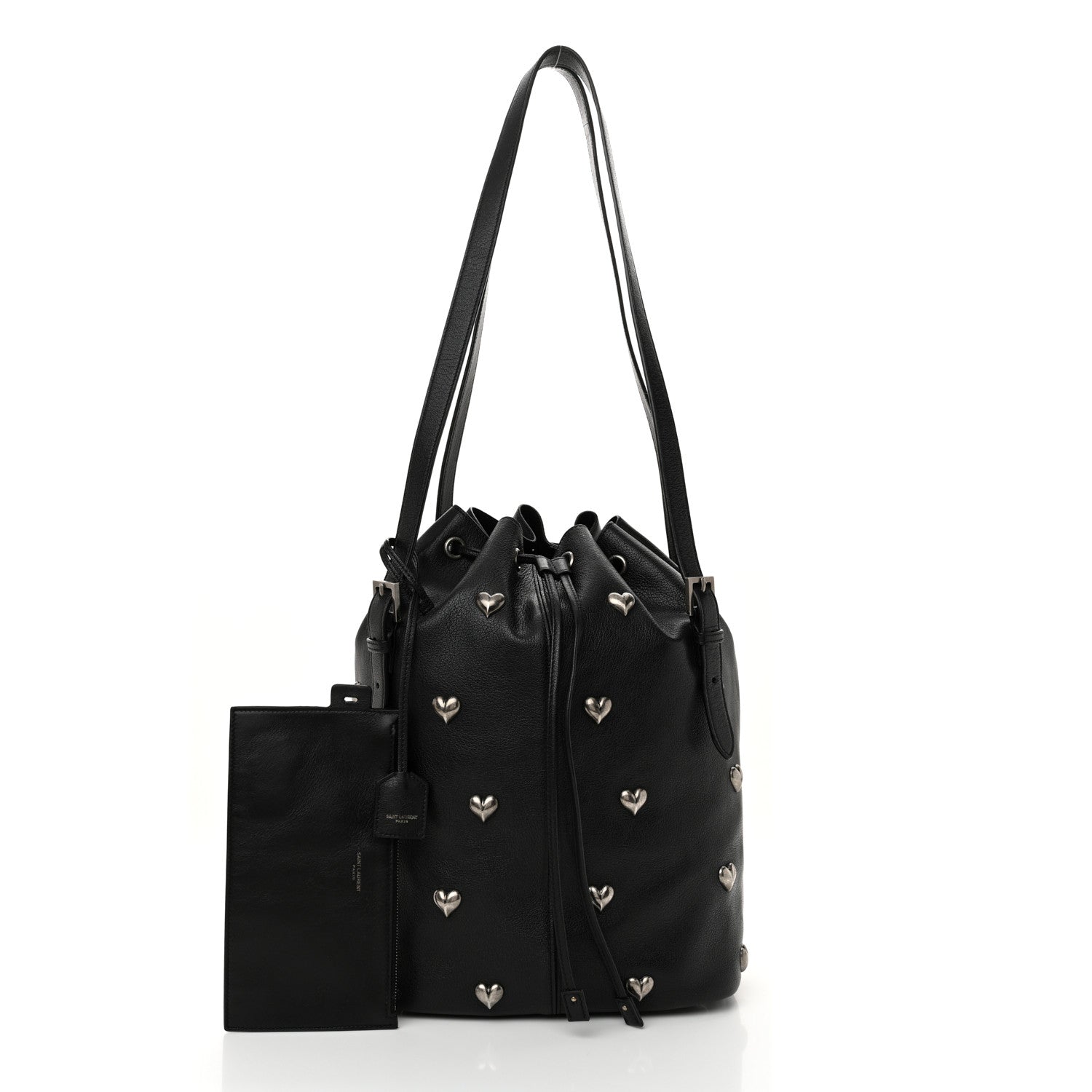 Saint Laurent Lambskin Medium Heart Studded Riva Bucket Bag Black 3 of 11