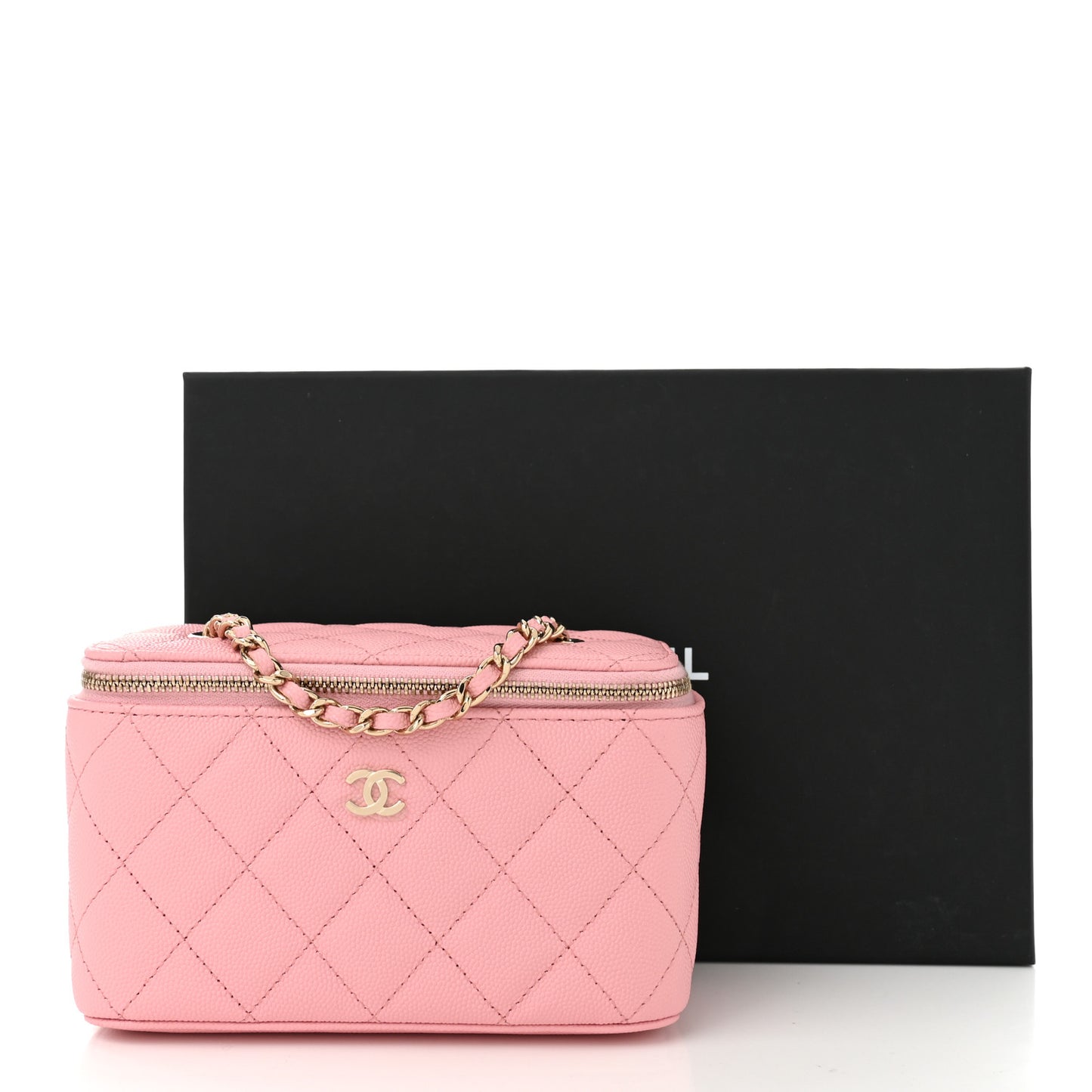 Caviar Quilted Small Vanity Case With Chain Pink