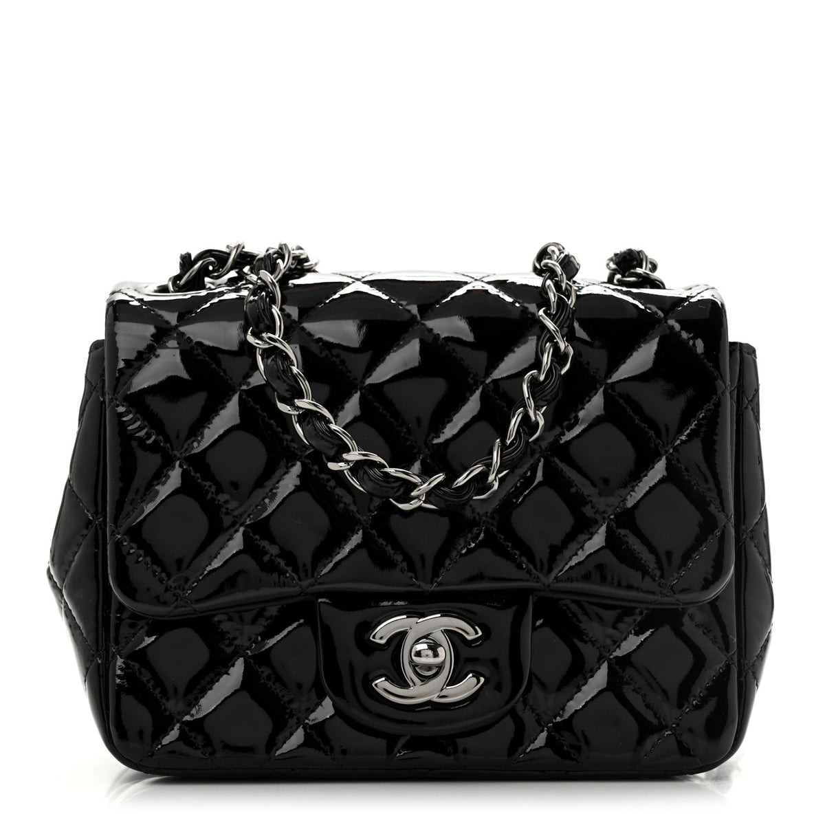 Patent Calfskin Quilted Mini Square Flap Black