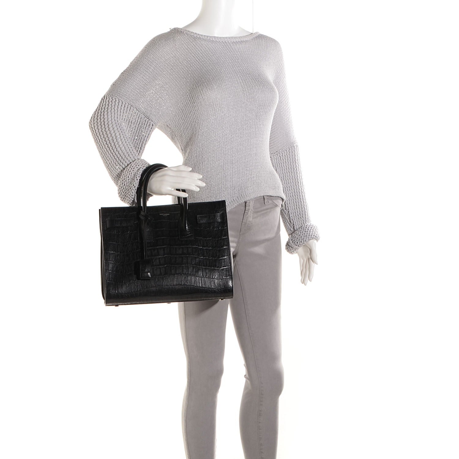 Saint Laurent Calfskin Crocodile Embossed Small Sac de Jour Bag Black 2 of 7