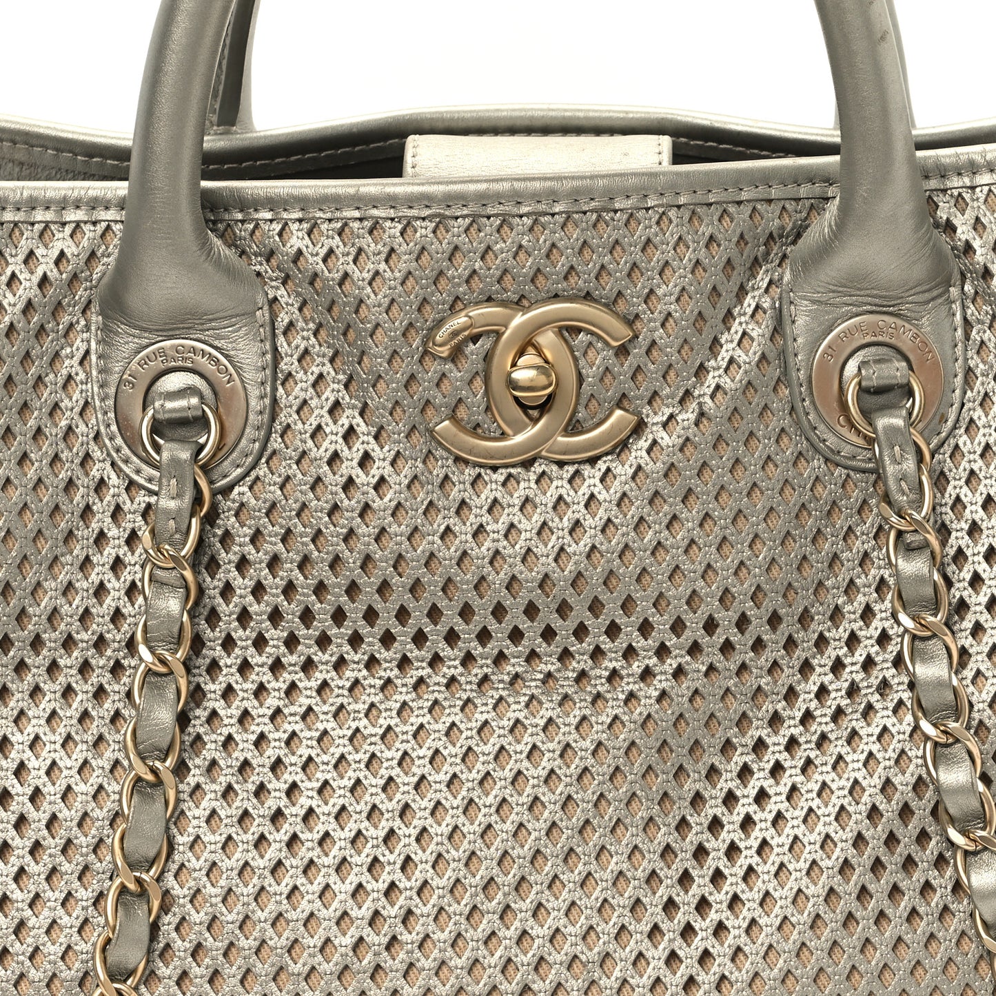 Metallic Calfskin Perforated Up In The Air Tote Silver