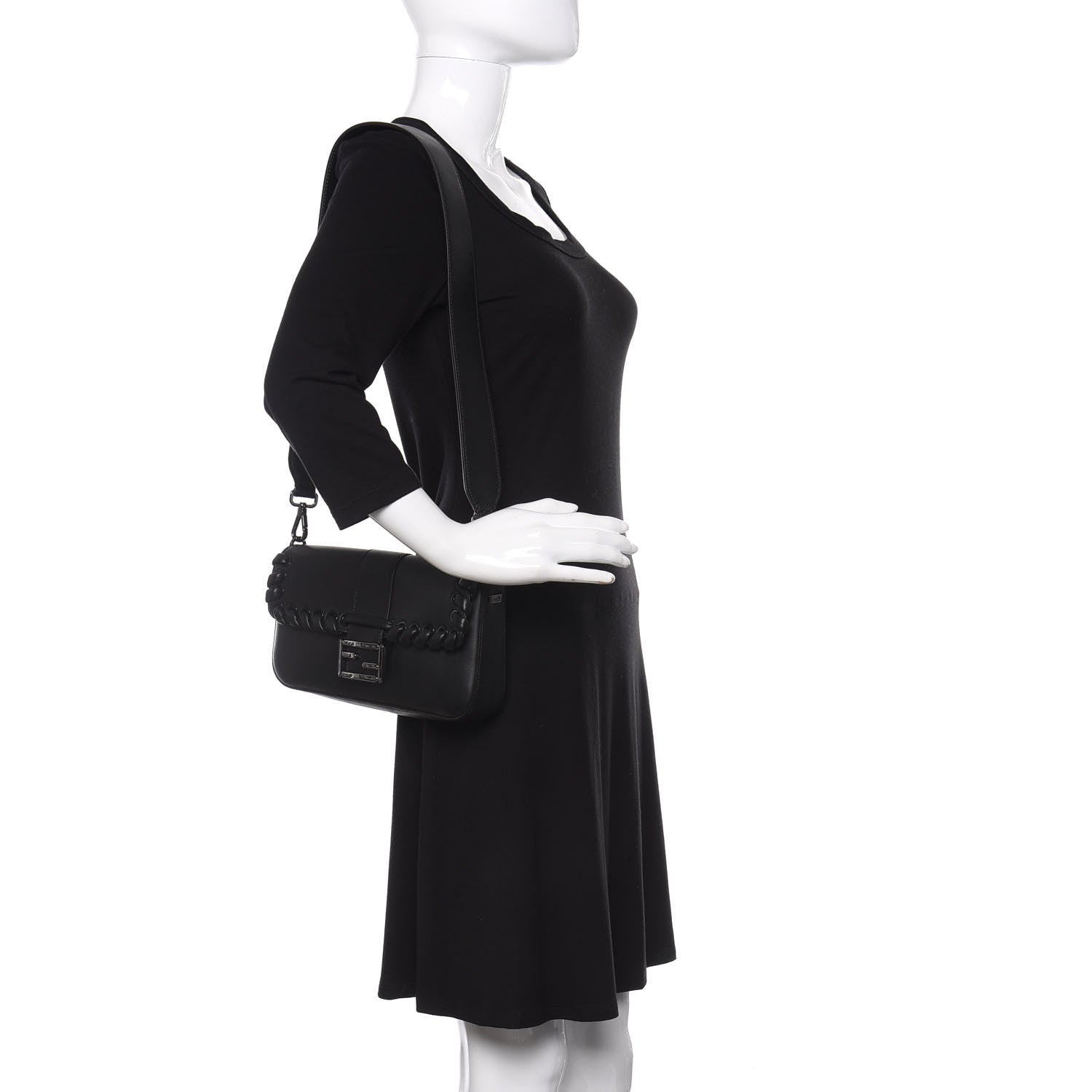 Fendi Vitello Dolce Lace Up Baguette Black 2 of 9