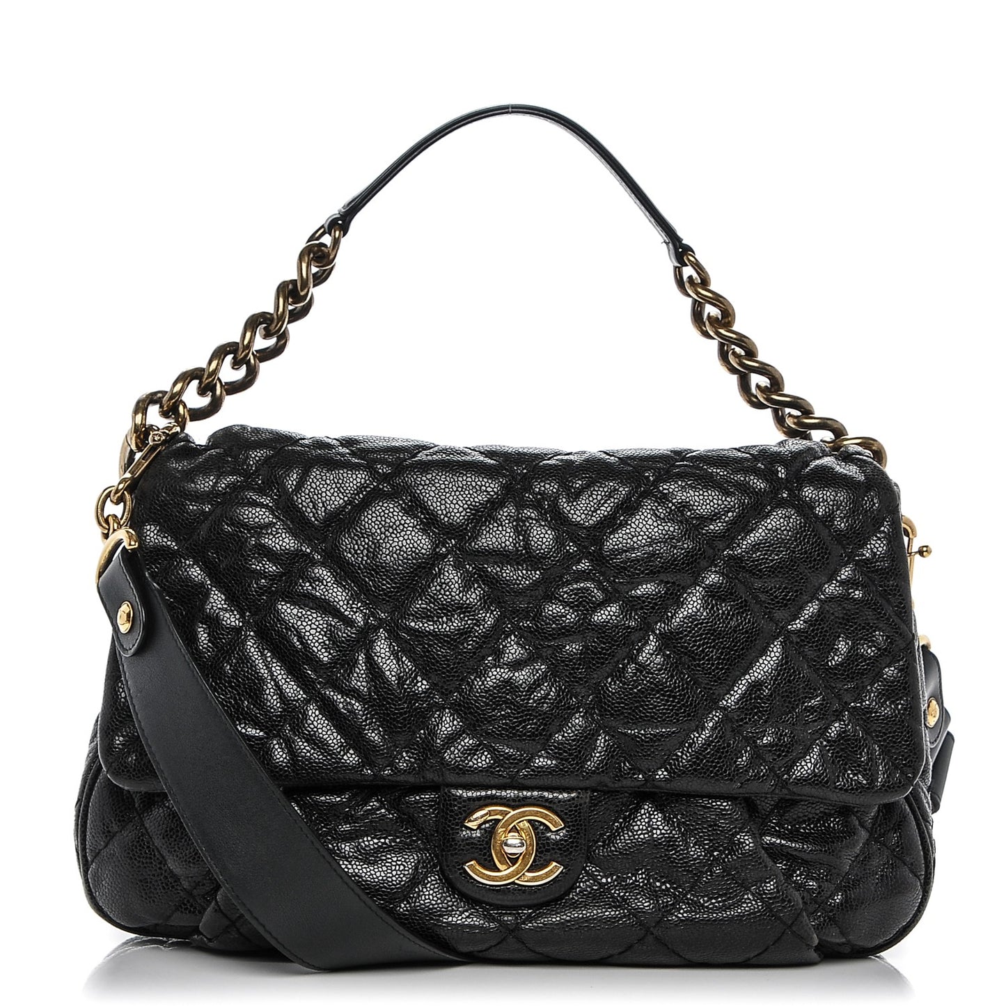 Crumpled Grained Calfskin Medium Coco Pleats Messenger Flap Black