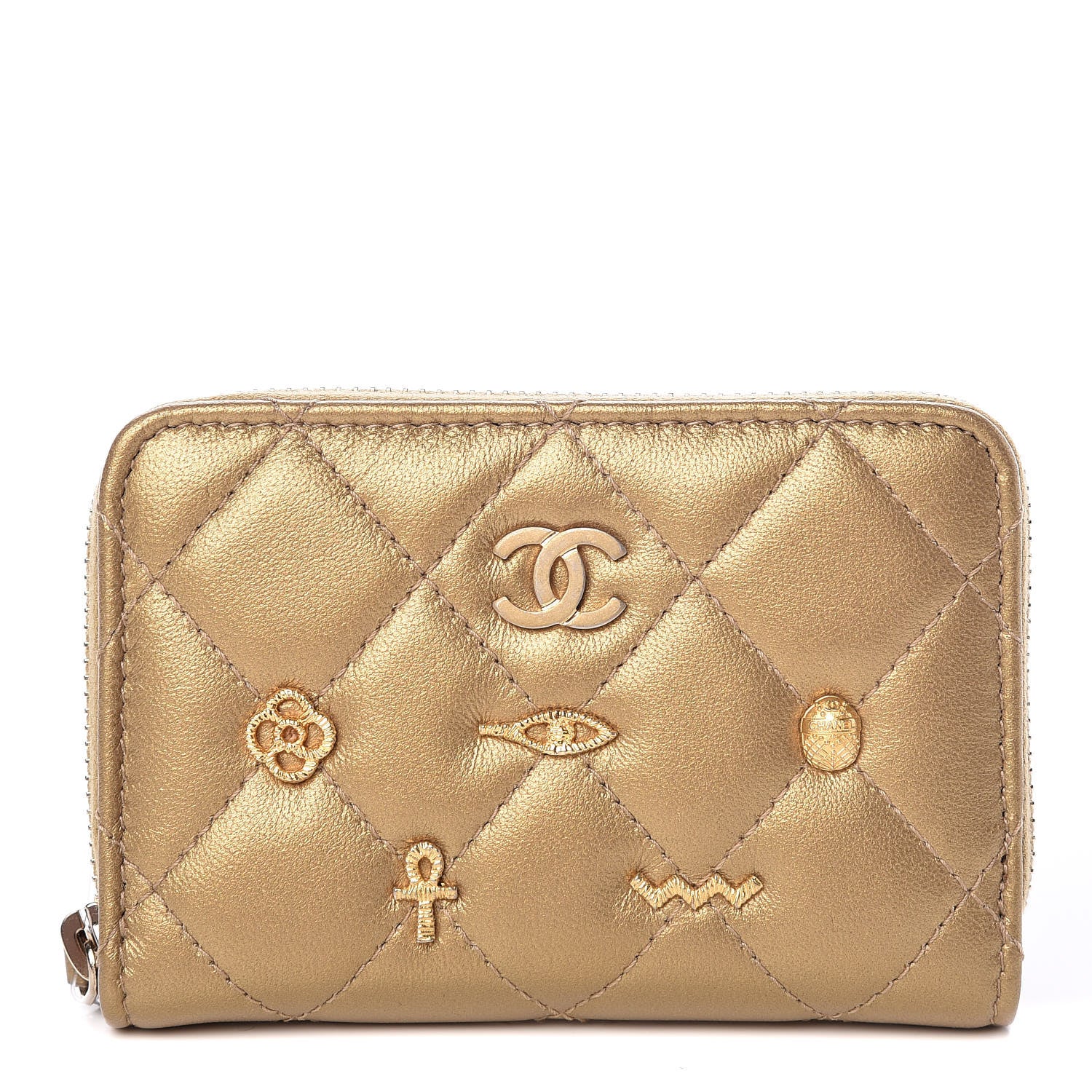 Chanel Metallic Lambskin Egyptian Amulet Zip Coin Purse Gold 1 of 10