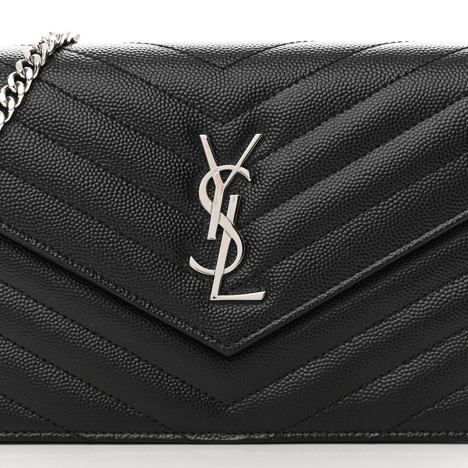 Saint Laurent Grain De Poudre Matelasse Chevron Monogram Envelope Chain Wallet Black 9 of 12