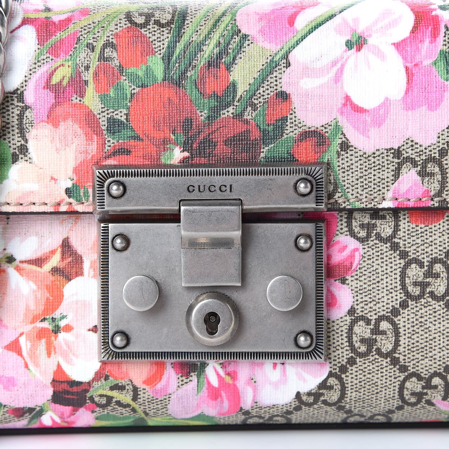 GG Supreme Monogram Blooms Small Padlock Shoulder Bag Beige Multicolor Dry Rose